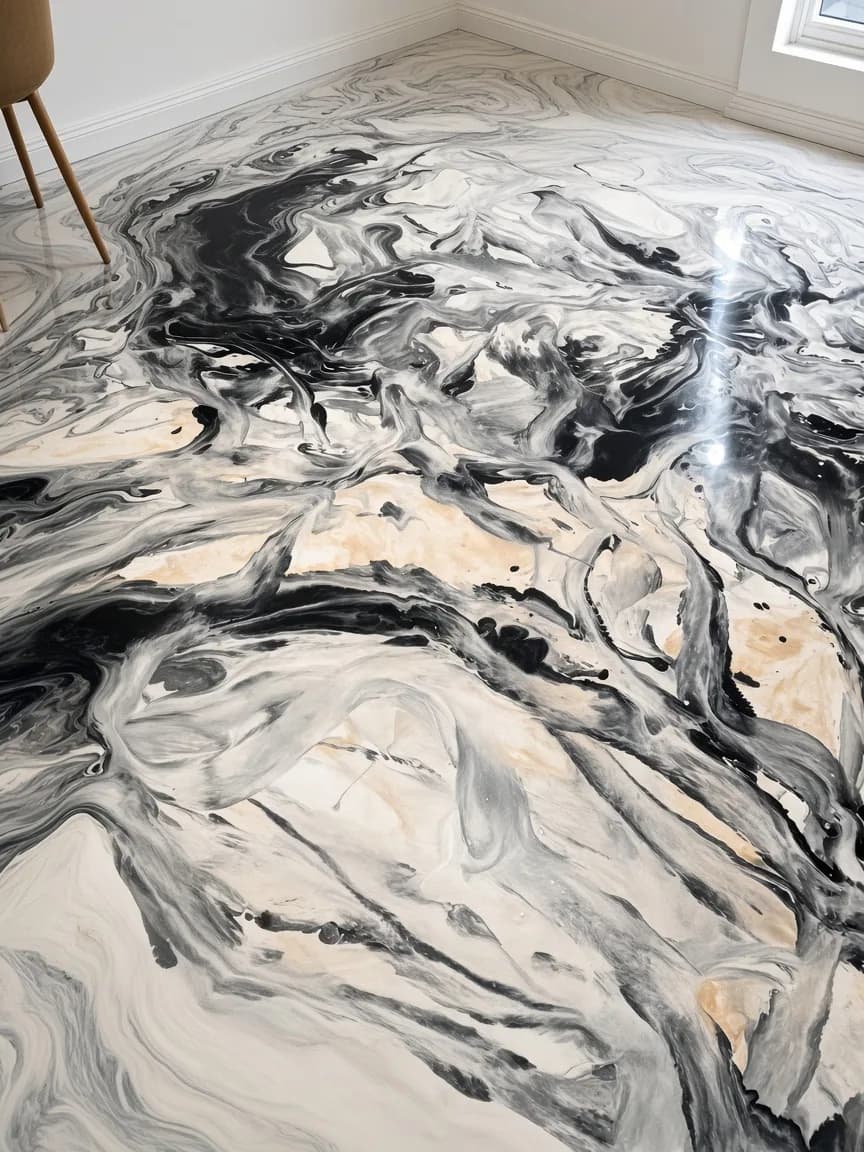 Sol époxy décoratif à effet marbre après pose